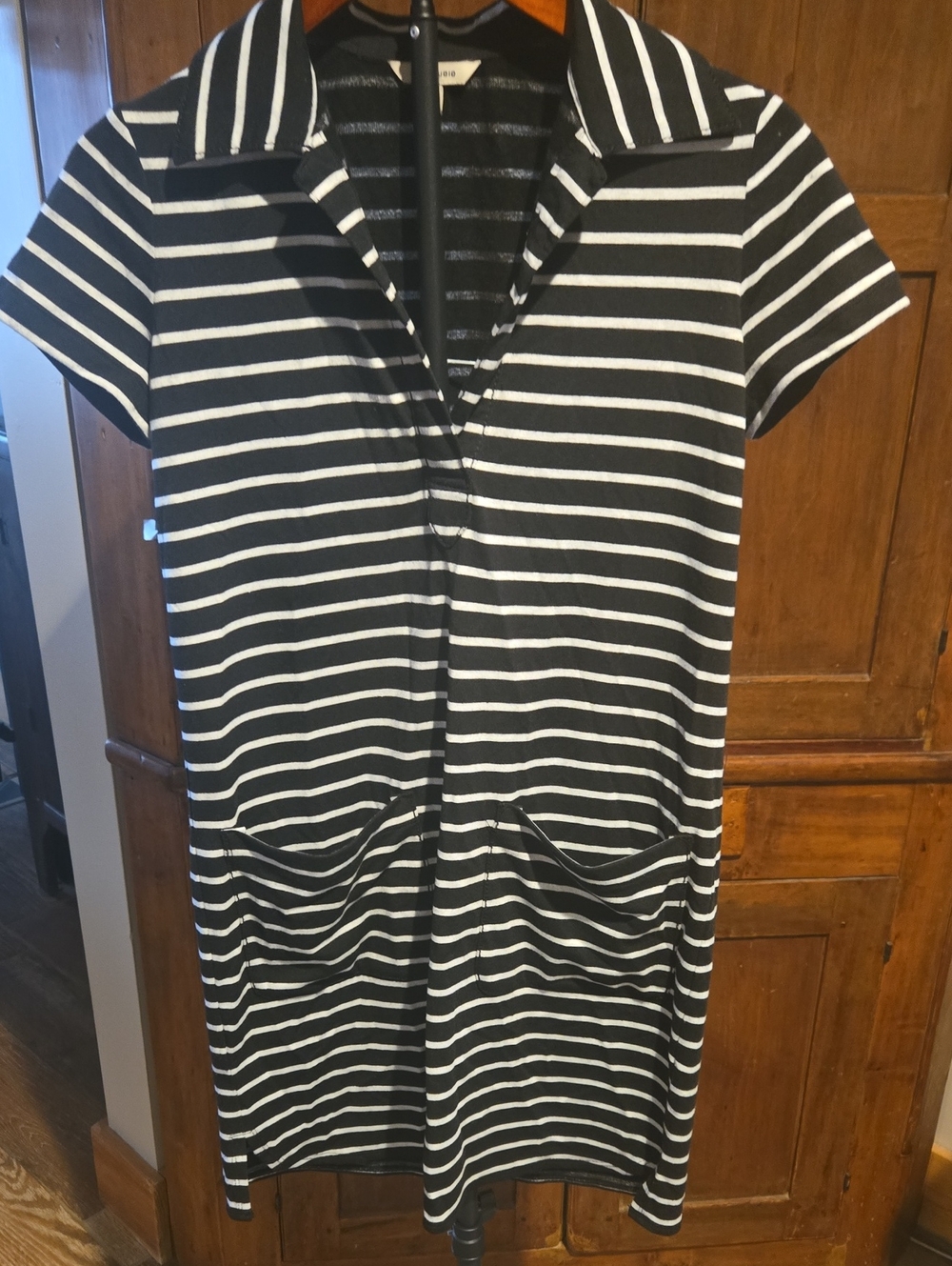 Max Studio Black and White Striped Short Sleeve Collared Dress